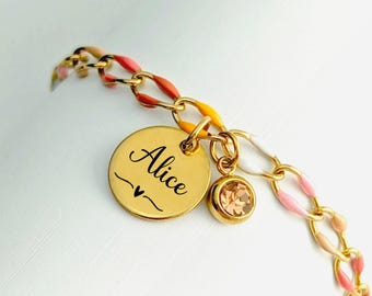 Bracelet chaîne large et émaillée, médaille gravée personnalisé pour femme