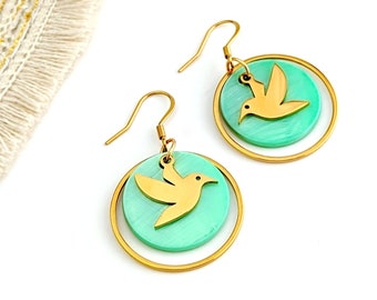 Boucles d'oreilles colibri vert menthe pour femme