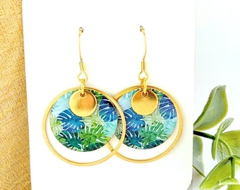 Boucles d'oreilles feuilles tropicales monstera bleu et vert pour femme