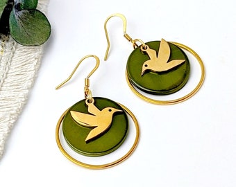 Boucles d'oreilles colibri vert kaki pour femme