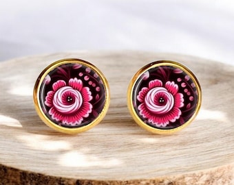 Boucles d'oreilles puces cabochons fleur rose pour femme, pour fille