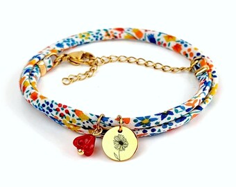 Bracelet Liberty et breloque fleur mois de naissance, cadeau bracelet personnalisé, cadeau anniversaire femme, cadeau pour maman, marraine