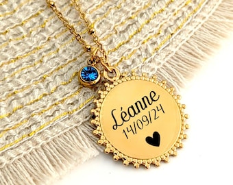 Collier personnalisé pendentif gravé et pierre de naissance, gravure laser pour femme
