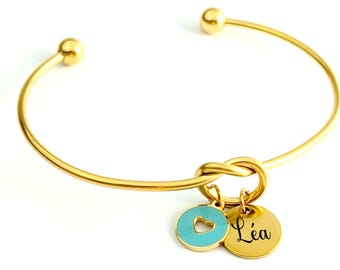 Bracelet jonc nœud d'amour et médaille gravée pour femme, cadeau de Fête des Mères
