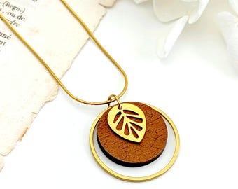 Collier feuille or pendentif en bois pour femme