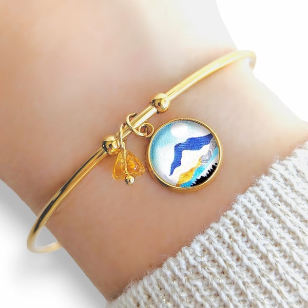 Bracelet jonc cabochon pour femme, bracelet montagne bleue et or, bijoux bohème, idée cadeau pour elle, bijoux fantaisie fait main