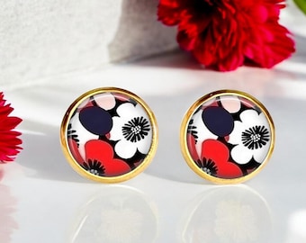 Boucles d'oreilles puces cabochons fleurs rouge, noir et blanc pour femme, pour fille