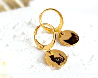 Gold or silver cat earrings, black cat earrings for women, surgical stainless steel, animal jewelry, gift for her