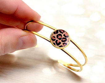Bracelet jonc à motif léopard acier inoxydable pour femme, version or ou argent