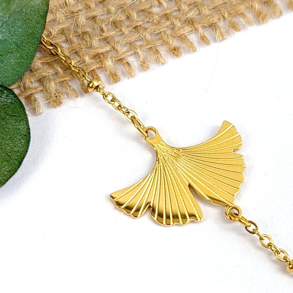 Gold stainless steel Ginkgo leaf bracelet for women, gift for her handmade jewelry, minimalist jewelry for women, gold ginkgo
