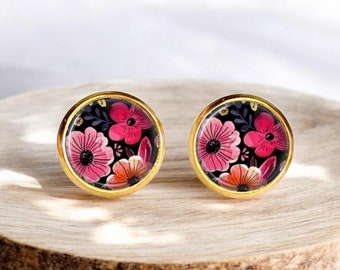 Boucles d'oreilles puces cabochons, acier inoxydable chirurgical fleurs roses