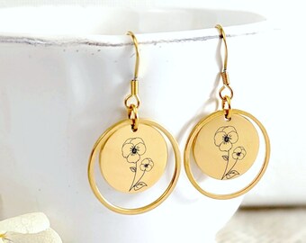 Boucles d'oreilles personnalisable fleur mois de naissance, pierre de naissance, bijou personnalisé, cadeau d'anniversaire femme, pour elle