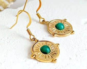 Grüne und goldene Boho-Ohrringe aus Naturstein für Frauen, Edelstahl, minimalistischer malaysischer Jadeschmuck, Geschenk für Sie