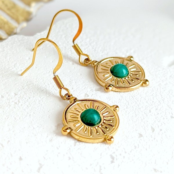 Boucles d'oreilles vert et or boho pierre naturelle opur femme, acier inoxydable, bijou minimaliste jade de Malaisie, cadeau pour elle