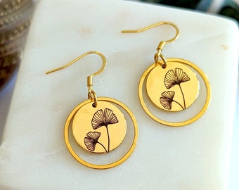 Boucles d'oreilles feuilles de ginkgo or femme pendantes, fleur en verre colorée personnalisable, Idée cadeau bijou pour elle, pour maman