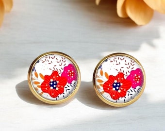 Boucles d'oreilles puces cabochons fleurs boho colorées, acier inoxydable chirurgical