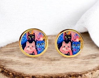 Boucles d'oreilles puces cabochons chats colorés, acier inoxydable chirurgical