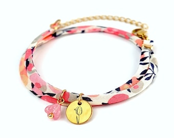 Bracelet cordon Liberty personnalisé fleur de naissance, cadeau bijou personnalisé, bracelet breloque personnalisé pour marraine, pour maman