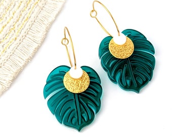 Large dark green and gold leaf earrings for women, tropical leaf hoops, acrylic resin, gift for her