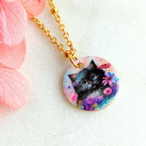 Black cat and flower children's necklace, children's jewelry, girl's gift, birthday gift idea, jewelry for little girls