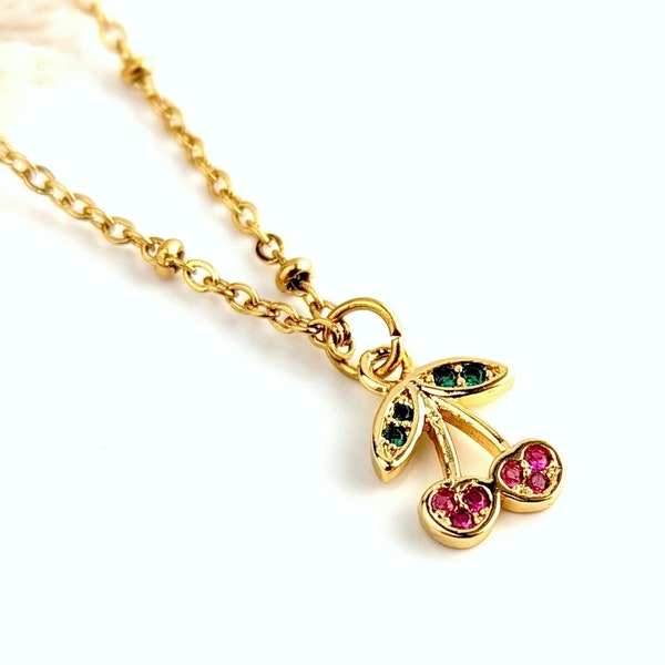 Collier enfant pendentif cerises rose et or, bijou breloque fruit, idée cadeau fille, bijou pour petite fille, cadeau anniversaire fille