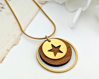 Collier étoile or pendentif rond en bois pour femme