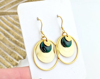 Boucles d'oreilles vert foncé et or pour femme