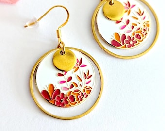 Boucles d'oreilles fleurs boho  émaillées or, orange et rose pour femme