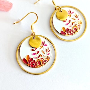 Gold, orange and pink enamelled boho flower earrings for women, boho chic jewelry, handmade gift for her, costume jewelry