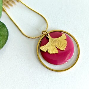 Magenta Pink and Gold Ginkgo Leaf Necklace for Women, Necklace and Pendant, Minimalist Jewelry, Christmas Gift, for Her, for Mom