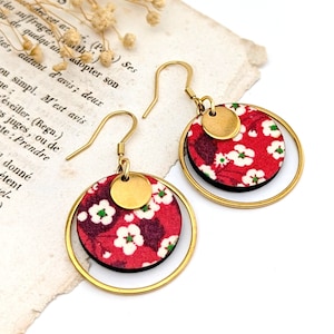 Orecchini boho chic rossi e oro da donna, orecchini in legno e tessuto Liberty, gioielli unici fatti a mano, regalo per la mamma