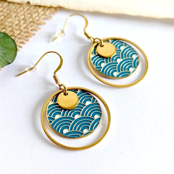 Women's Japanese wave earrings, colorful jewelry, blue gold earrings, gift for her, costume jewelry, handmade gift