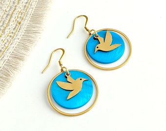 Boucles d'oreilles colibri bleu Cyan pour femme
