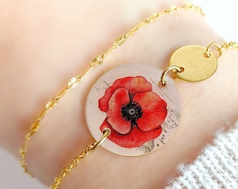Bracelet fleur de coquelicot rouge et noir pour femme