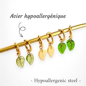 Huggie leaf earrings for women, minimalist and interchangeable hoops in hypoallergenic steel, gift idea for mom