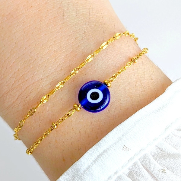 Bracelet oeil en verre bleu canard et chaîne en acier inoxydable doré, bracelet minimaliste mauvais oeil femme, cadeau pour elle