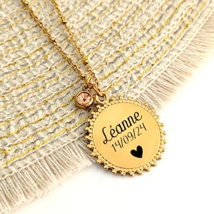 Name and birthstone pendant necklace, engraved medallion necklace, birth gift idea, gift for mom, name jewelry, godmother