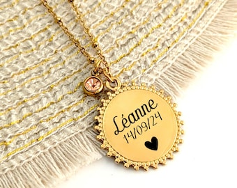 Collier personnalisé pierre de naissance et médaille gravée au laser pour femme