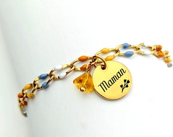 Bracelet chaîne large et émaillée, médaille gravée personnalisé pour femme