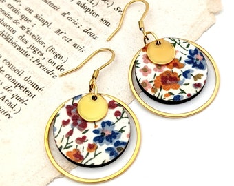 Boucles d'oreilles en bois et tissu Liberty boho fleurs Automne pour femme