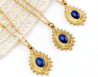 Collier minimaliste pendentif goutte baroque et cabochon en Lapis Lazuli pour femme