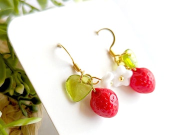 Boucles d'oreilles fraises en verre pour femme, bijoux fraises, bijoux fruits, acier inoxydable, bijoux été, cadeau pour elle
