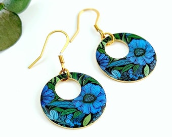Boucles d'oreilles fleurs bleu, vert et or pour femme