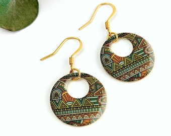 Boucles d'oreilles or aztéque maya imprimé pour femme