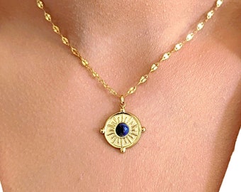 Collier pendentif Lapis Lazuli, collier minimaliste femme, chaîne acier inoxydable, collier pierre naturelle femme, cadeau pour elle