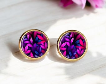 Boucles d'oreilles puces cabochons feuilles rose et violet en acier inoxydable chirurgical