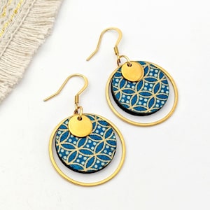 Orecchini Boho chic blu e oro da donna, orecchini in legno e carta giapponese, gioielli unici fatti a mano, regalo per la mamma
