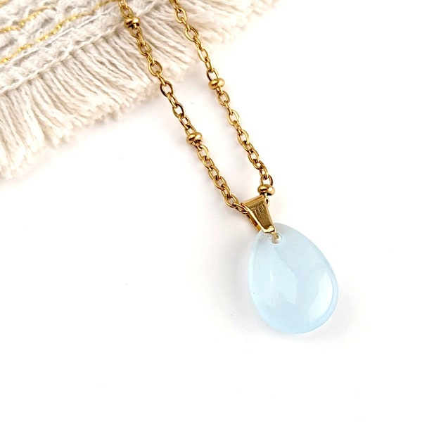 Collier pendentif goutte d'aigue-marine bleu pour femme, bijou pierre naturelle bleu clair, collier minimaliste or, idée cadeau pour elle