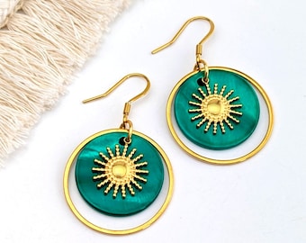 Boucles d'oreilles femme Soleil et Nacre vert émeraude