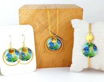 Tropical leaf jewelry set for women, blue green and gold jewelry, necklace bracelet earrings, gift for her, for mom